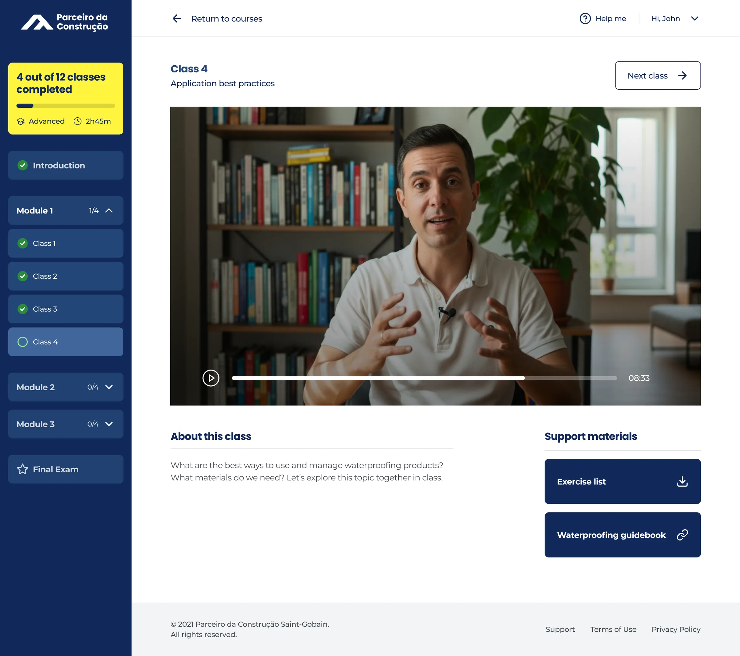 The redesigned class page: 4 out of 12 classes completed above the modules and the final exam, a Next class button over the video, and support materials beside About this class.