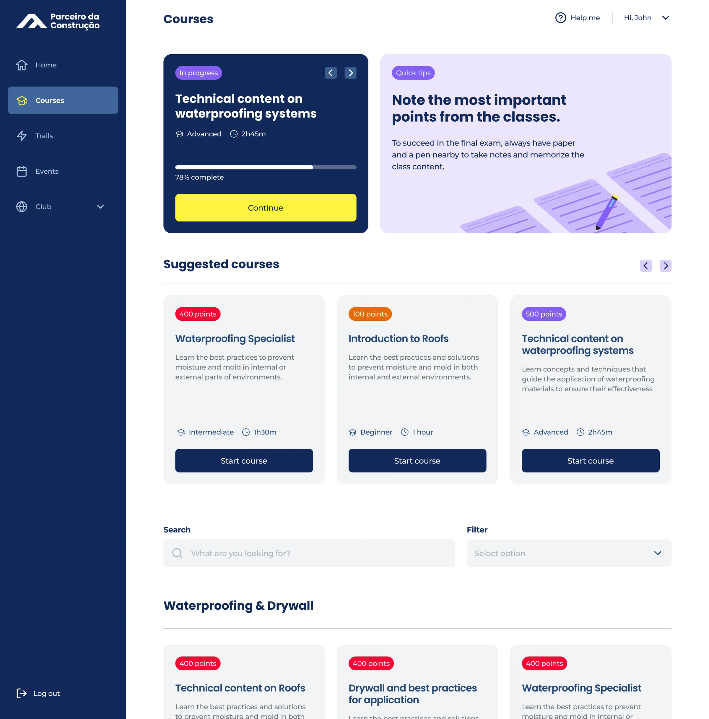 The redesigned course list: the student's course in progress, with a Continue button, opens the page, above suggested courses.