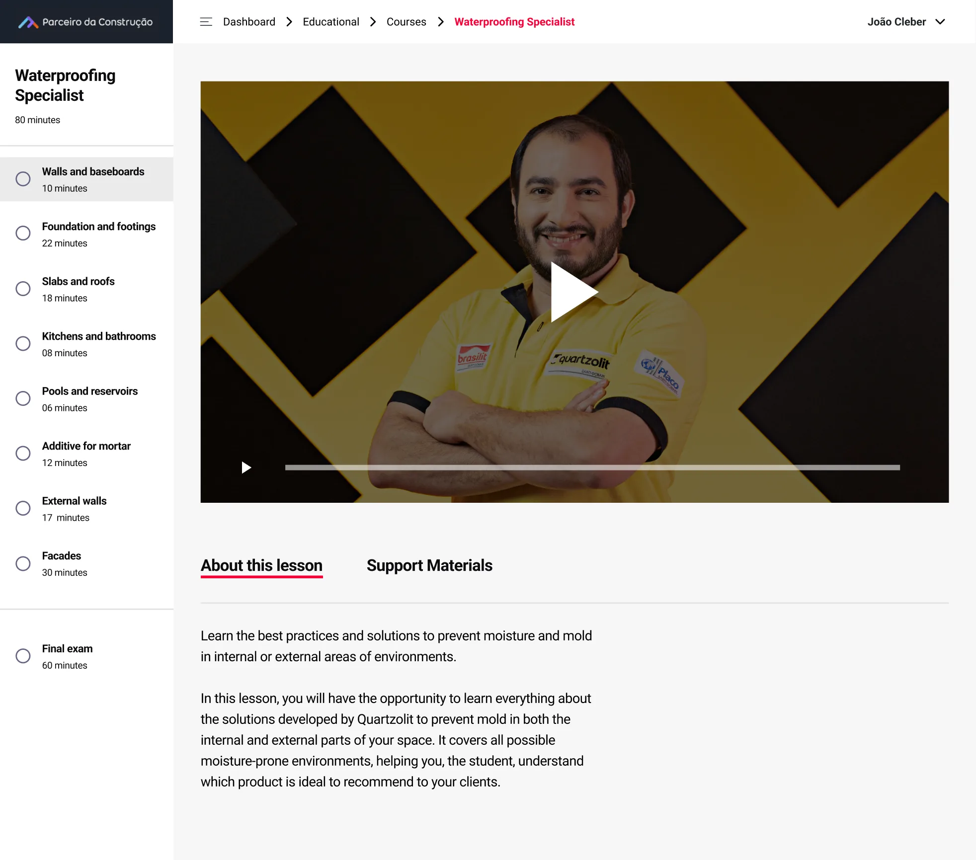 The old class player: a video above About this lesson and Support Materials tabs, next to a plain list of classes with no progress.