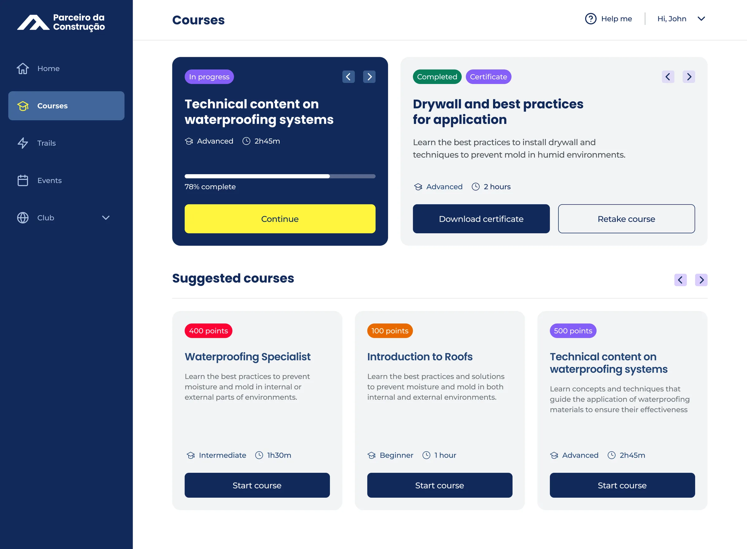 The same list after a course is finished: next to the course in progress, a Completed card with Download certificate and Retake course buttons.