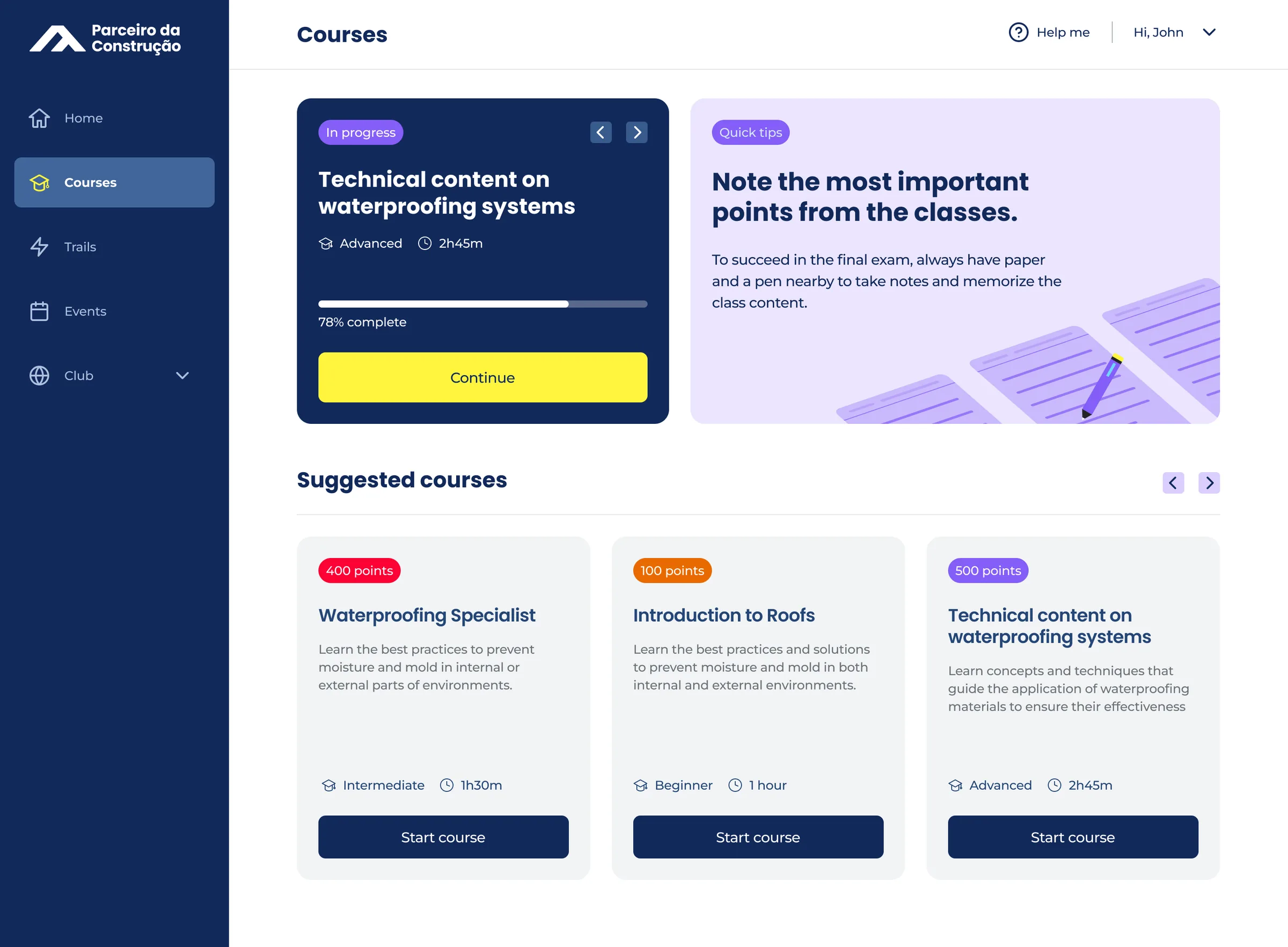 The same list with a course under way: an In progress card at 78% complete with a Continue button opens the page, next to a quick tip on taking notes during classes, with suggested courses below.