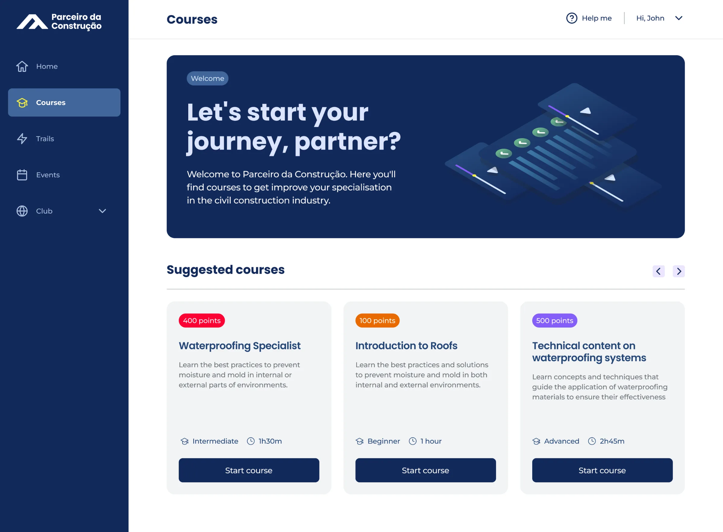 The redesigned course list for a new student: a welcome banner reading "Let's start your journey, partner?" over a short introduction, then suggested courses with their points, level, length and a Start course button.