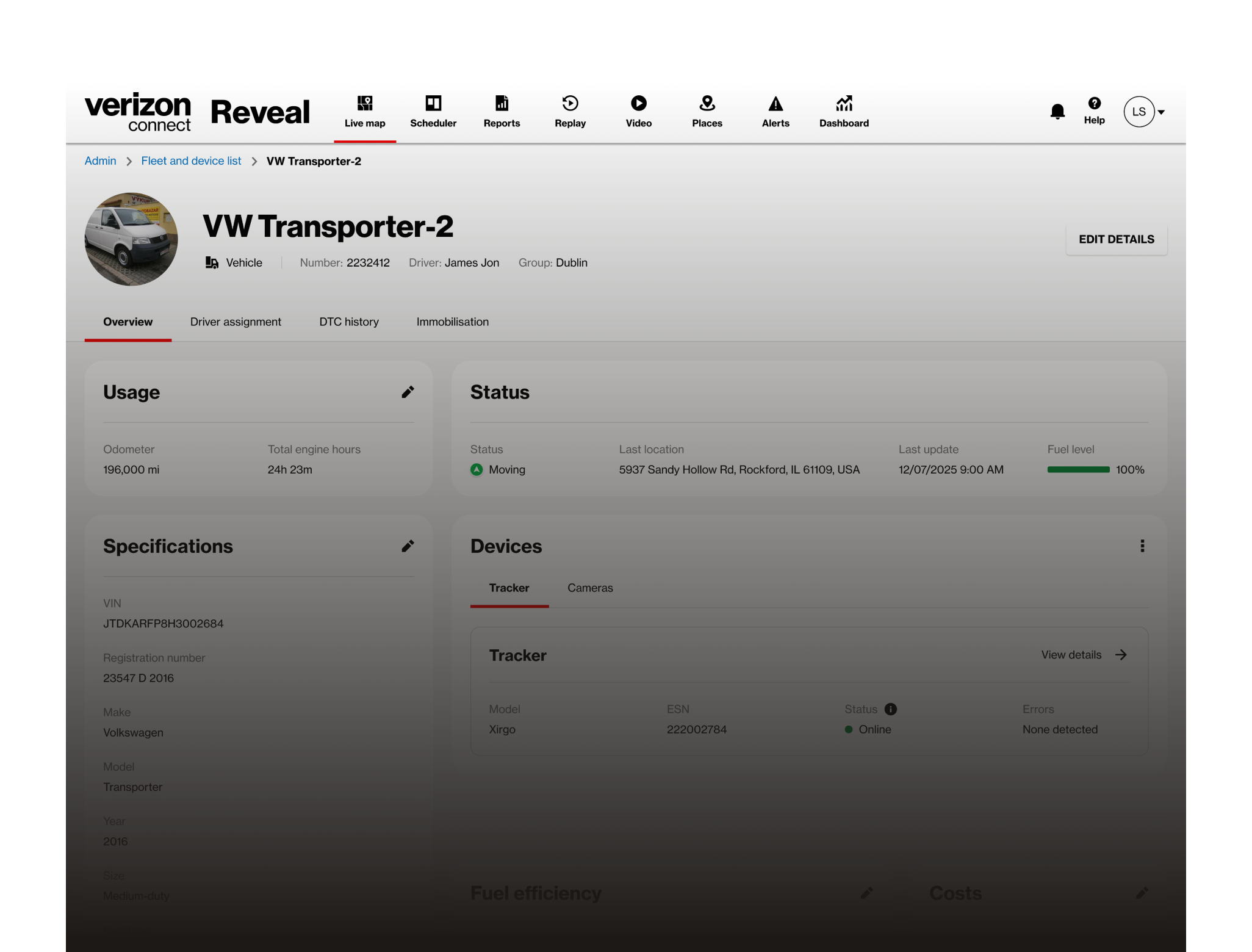 Redesigned vehicle details page with grouped data sections